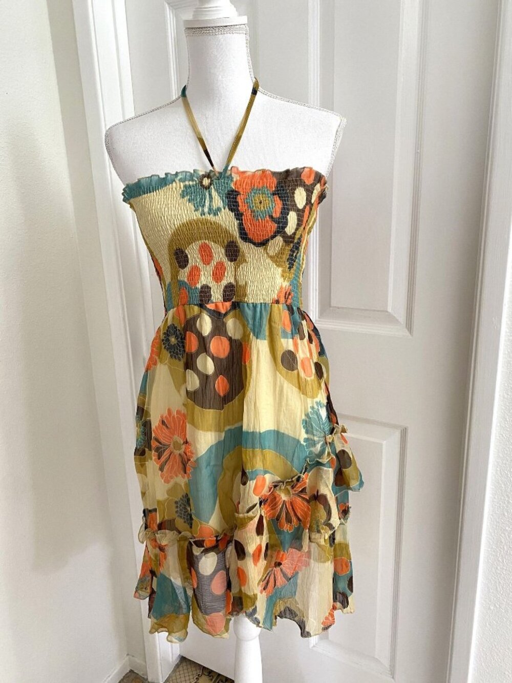 Fire Los Angeles Boho Hippie Smocked Halter Dress Size Medium Groovy Pattern